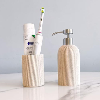 Small Sand Beige Toothbrush Holder for Bathroom Countertop, 7oz | Modern Boho Aesthetic, Vintage Farmhouse Organizer, Pen Holder, Makeup Brush Holder