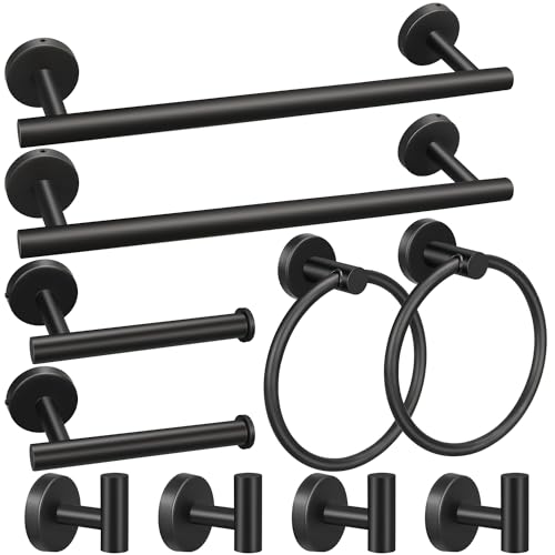 10pcs Matte Black Bathroom Hardware Set | Including 16" Hand Towel Bars, Toilet Paper Holders, Towel Rings, Towel Hooks