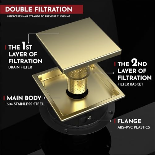 6 Inch Square Shower Drain Gold Floor Drain with Flange Reversible 2-in-1 Cover Tile Insert Grate Removable SUS304 Stainless Steel CUPC Certified Brushed Gold