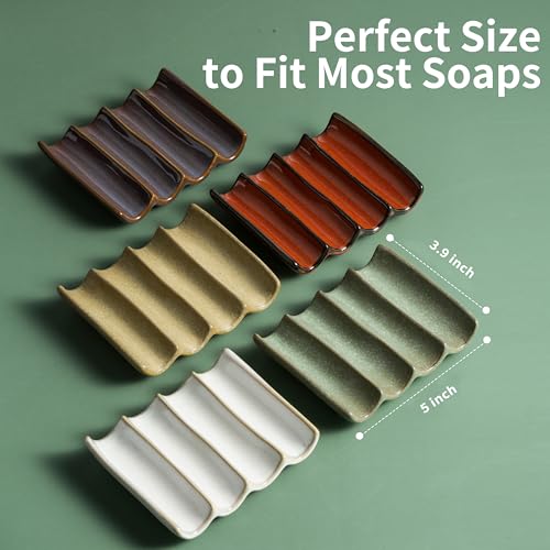 Draining Ceramic Soap Dish - Fluted Design, Bar Soap Holder for Shower & Bathroom, Soap Saver Sponge Lift, Green