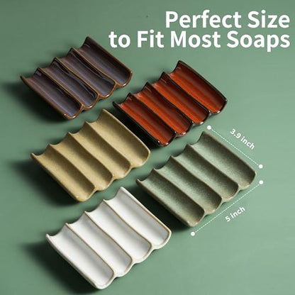 Draining Ceramic Soap Dish - Fluted Design, Bar Soap Holder for Shower & Bathroom, Soap Saver Sponge Lift, Green