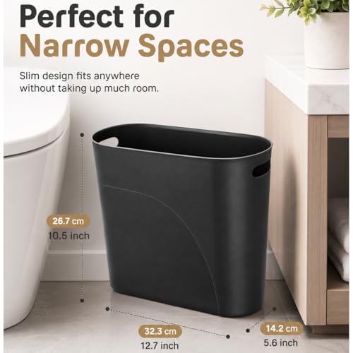 ROYFACC Small Trash Can Plastic Bathroom Wastebasket 3.2 Gallon Slim Garbage Container Bin with Handle for Home Kitchen Bathroom Bedroom Office, 2 Pack (Black)