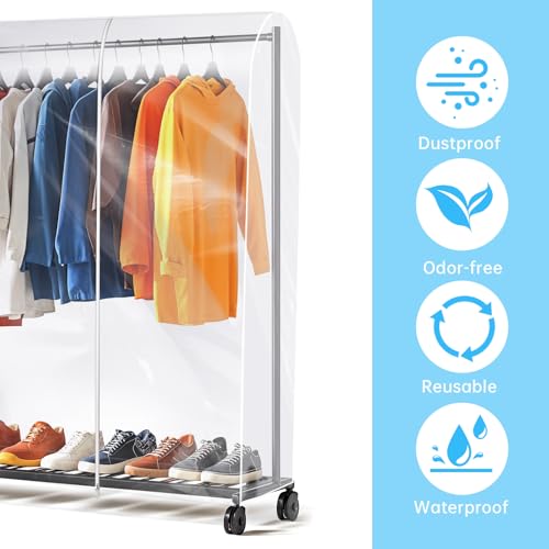 Clear Clothes Rack Cover 6Ft Garment Rack Cover Transparent Clothing Rack Cover With 2 Durable Zipper Waterproof Protector for Garment Rack (71"L x 20"W x 60"H, Rack Not Included)