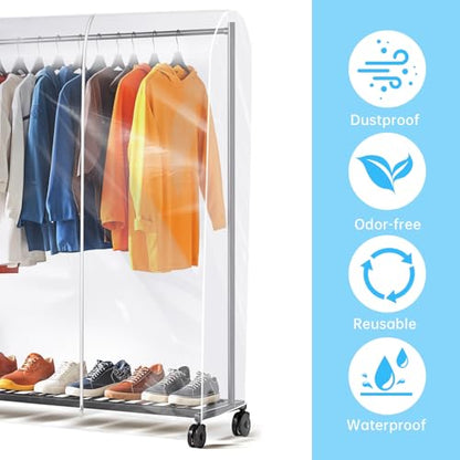 Clear Clothes Rack Cover 6Ft Garment Rack Cover Transparent Clothing Rack Cover With 2 Durable Zipper Waterproof Protector for Garment Rack (71"L x 20"W x 60"H, Rack Not Included)