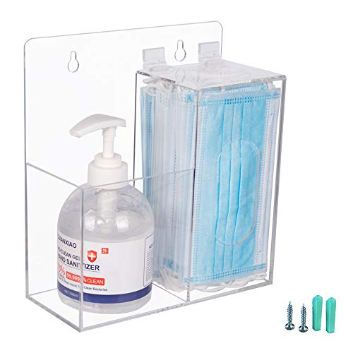 Acrylic Mask Dispenser & Hand Sanitizer Holder Stand Wall Mount or Countertop, Hygiene Station with 2 Compartment Clear Box Dispenser Holder for Face Masks, Gloves, Hairnets, Spray Bottle