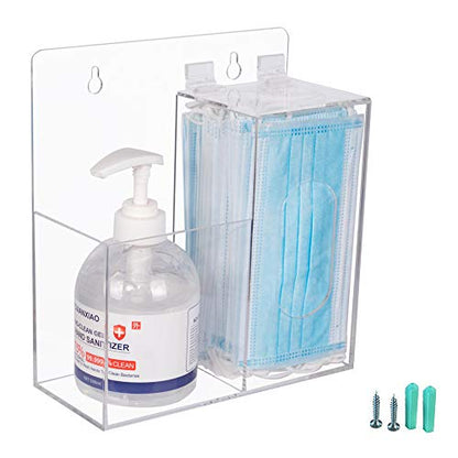 Acrylic Mask Dispenser & Hand Sanitizer Holder Stand Wall Mount or Countertop, Hygiene Station with 2 Compartment Clear Box Dispenser Holder for Face Masks, Gloves, Hairnets, Spray Bottle