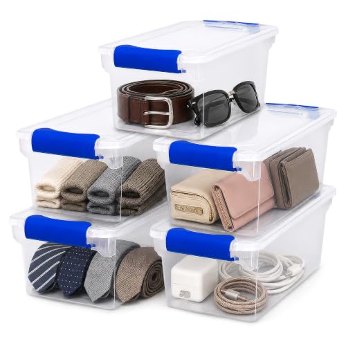 HOMZ Clear Plastic Storage Bins w/Latching Lid, 7.5 Qt, Blue, 5 Pack | Stackable Container Set for Home, Office Shelves, Kitchen, Garage, and Bathroom Organization