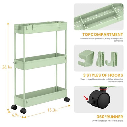 Slim Storage Cart 3 Tier,Bathroom Organizer Rollin... (Green | Plastic)