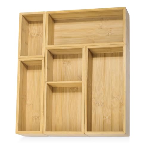 5 Pack Bamboo Drawer Organizer Set, Multi-Use Junk Drawer Organizer for Bathroom, Kitchen, Office, Jewelry, Makeup