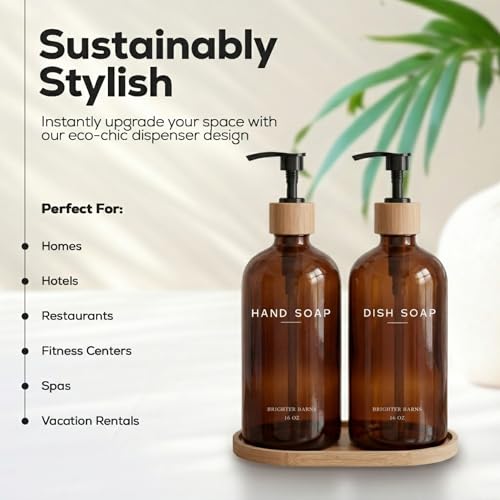 Amber Glass Hand and Dish Soap Dispenser Set by Brighter Barns - Kitchen Soap Dispenser Set with Tray - Bamboo Pump Bottles for Kitchen Sink - Modern Home Decor, Neutral Decor for Airbnb, Gift (Amber)