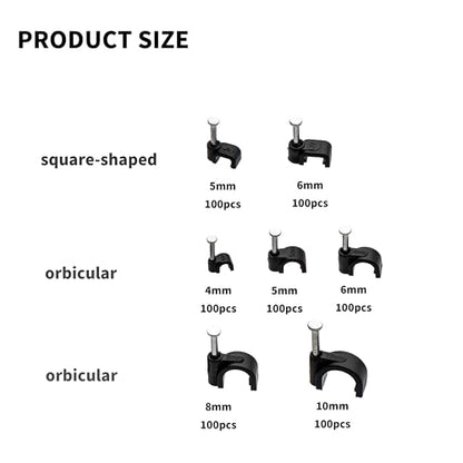 700 Pcs Cable Clips with Steel Nails, Nail in Cable Clips, Black 4/5/6/8/10mm Cable Wire Clips, Cable Wall Clips, Wire Staples Cord Clips with Nails for Speaker Ethernet Cords Wires