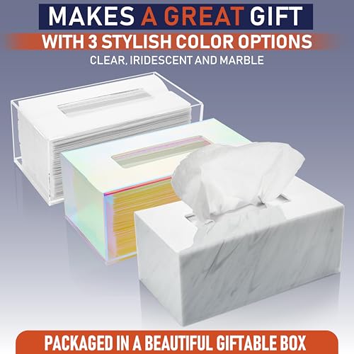 Acrylic Tissue Box Holder, Clear Dispenser for Facial Tissues, Napkins, and Dryer Sheets. Perfect for Bathrooms, Desks, Countertops, Vanities, Bedrooms, and Nightstands (Rectangle, Marble)