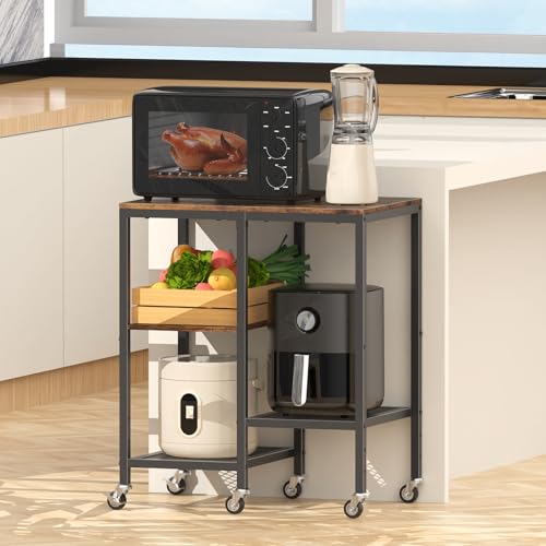 Rolling Kitchen Microwave Cart,4 Tier Microwave Stand,Brown | Utility Cart on Lockable Wheels,Open Storage for Spices, Pots，Small Side Table,Coffee Cart for Living Room Office, Balcony