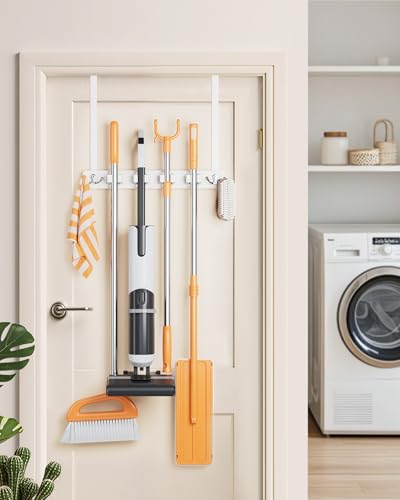 Mop and Broom Holder Wall Mount, No Drill Over the Door, White | 4 Slots & 4 Hooks, No Drill Setup, Wood and Metal Build, EVA Protection Pads, Secure Grip, Laundry Garage Closet Kitchen Use