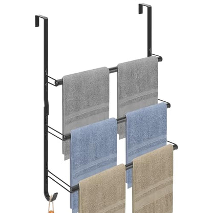 3-Tier Over The Door Towel Rack, All Metal Towel Rack with Hooks for Door Hanging, Behind Door Towel Bar Towel Storage Holder for Bathroom Accessories, Black (19.37" L x 5.9" W x 24.4" H)