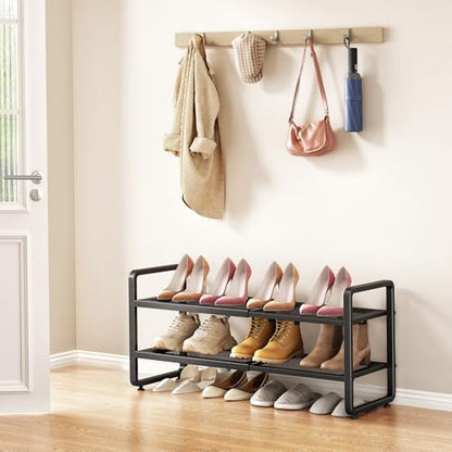 SAYZH Expandable Shoe Rack for Closet, Adjustable Metal Shoe Organizer with Sturdy Mesh Shelves for Boots & Heels, Stackable Shoe Storage for Entryway, Garage, Small Spaces (Black, 2-Tier)