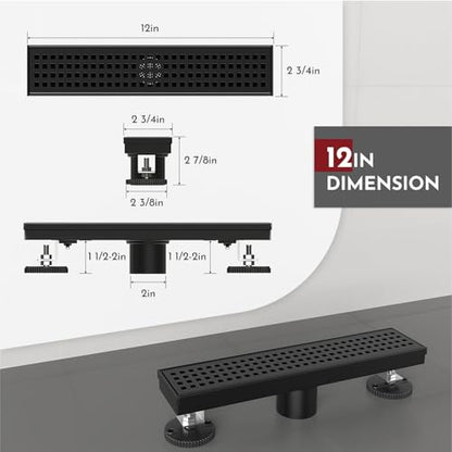 12 Inch Linear Shower Drain Rectangular Floor Drain with Accessories Square Hole Pattern Cover Grate Removable SUS304 Stainless Steel CUPC Certified Matte Black