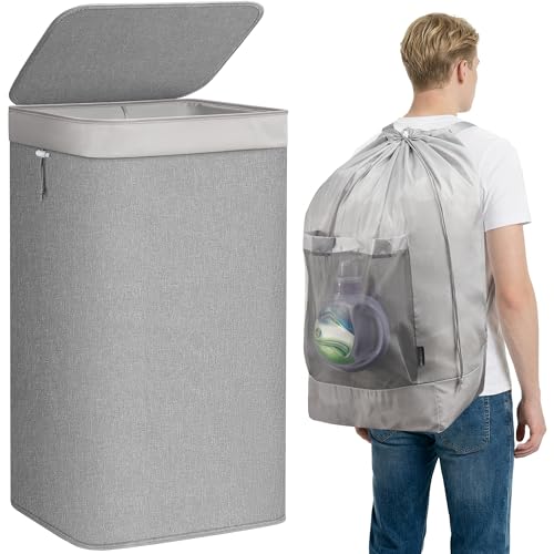 STORAGE MANIAC 2-in-1 Laundry Hamper with Laundry Backpack Bag, 90L Metal Frame Laundry Basket, Dirty Clothes Bag with Shoulder Straps and Mesh Pocket for College, Travel, Laundromat, Apartment, Gray