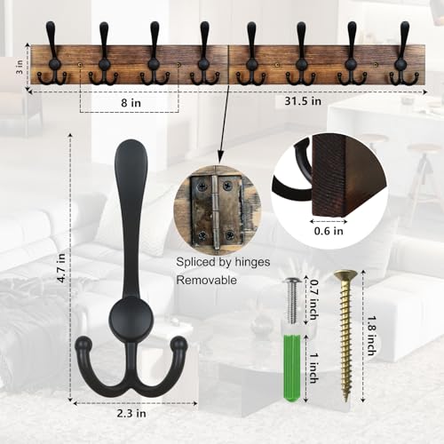 Coat Rack Wall Mount 31.5'' Coat Hanger Wall Mount Burnt Brown Coat Hooks for Wall Rustic Towel Racks for Bathroom Living Room Coat Hat Cloth