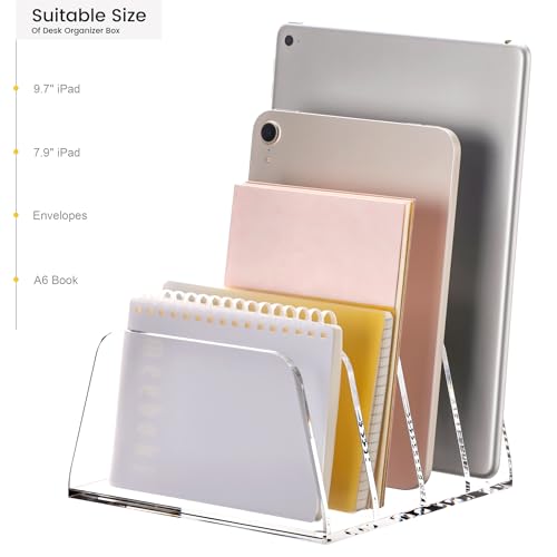 YUXUN Acrylic File Sorter,6.9"x6.6"x3.74",4 Sections Vertical Desk Organizer,Clear Mail Organizer File Holder Stand Rack Desk Accessories for Mail,Envelope,Letter,Notebook for Home/Office/Classroom