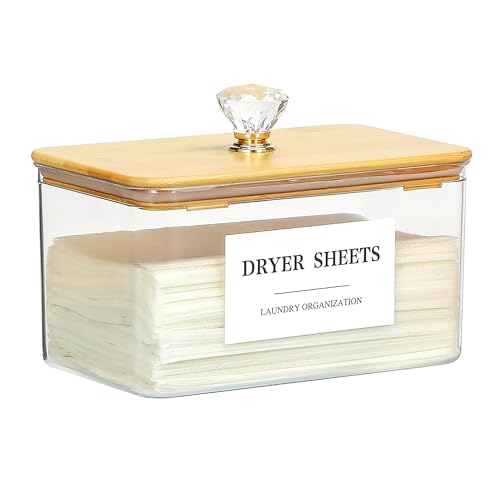Dryer Sheet Holder with Lid, Clear Dryer Sheet Container, Dryer Sheet Dispenser with 4 Labels, Laundry Sheet Holder for Laundry Room and Organization
