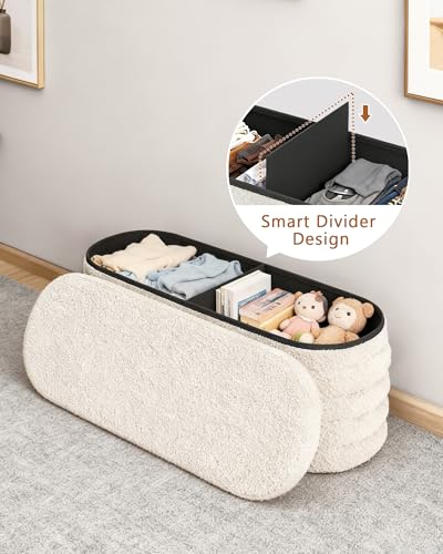 Storage Ottoman Bench, 43" Entryway Shoe Seat, Sherpa White | Upholstered Oval Ottoman with Storage, End of Bed Stool Blanket Chest, For Living Room, Hallway