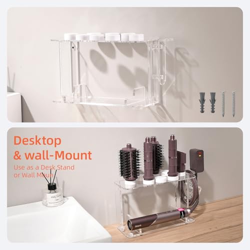 Hair Tool Holder for Dyson Airwrap, Acrylic Double-Layer Storage Holder, Hair Dryer Stand Wall Mounted or Desktop, Shark Hair Dryer Holder for Dyson & Shark Attachments, Transparent CHOCHOYAH
