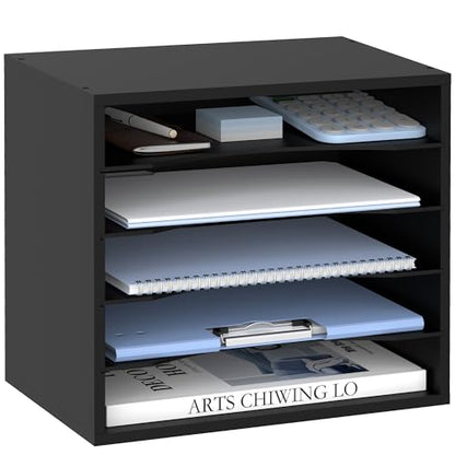 5 Tier Wood Desk Organizer, Mail Sorter and Paper Organizer for Desk, Black | Wooden Desktop Organizer for Sorting Papers, Letters and Mails, Literature Organizer for Home Office, Classroom Organization