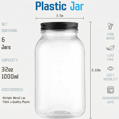novelinks 32 oz Plastic Mason Jars and Clear Plastic Jars with Lids 32 oz