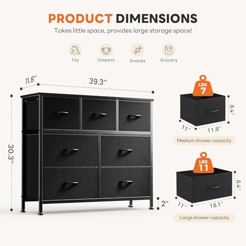 Sweetcrispy 7 Drawer Fabric Dresser for Bedroom Storage with Bins, Black | Anti-Tip Closet Organizer with Wooden Top and Sturdy Steel Frame, Spacious Drawers for Clothes Storage, Hallway Entryway