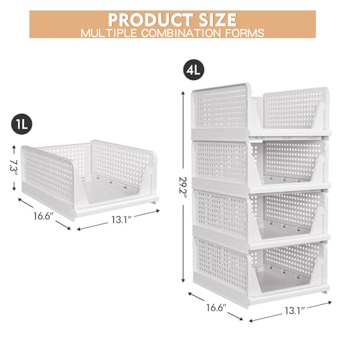 4 Pack Stackable Closet Storage Basket - Stackable Storage Bins | Multifunctional & Foldable Closet Organizer Waterproof, Wardrobe Cupboard Space-Saving Storage Drawer Organizer