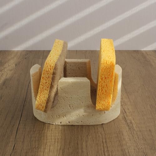 Natural Travertine Marble 2-Slot Sponge Holder for Kitchen Counter, 2-in-1 Stone Drying Rack, Sponge Caddy for Sink Organizer - Beige Travertine