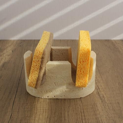 Natural Travertine Marble 2-Slot Sponge Holder for Kitchen Counter, 2-in-1 Stone Drying Rack, Sponge Caddy for Sink Organizer - Beige Travertine
