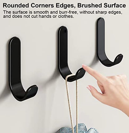 Adhesive Hooks,12 Pcs, Heavy Duty Hold 12Lbs, Stainless Steell Wall Hanger | Black Adhesive Hanger for Hanging, Metal Sticky J Strip Hooks, for Hat, Coat, Picture, Backpack, Garage