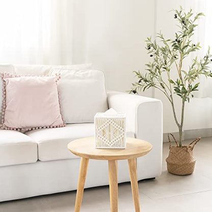Mkono Tissue Box Cover Square, Boho Macrame Decor Open-Bottom Holder, Ivory | Facial Tissue Organizer, Decorative Cube Box, Chic Hand-Woven, Bedroom Bathroom Vanity Dresser Living Room Office Dorm