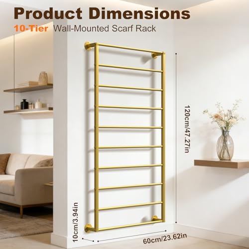 Wall Mounted Scarf Rack, Hijab Hanger Organizer (Gold, 10T-23.6×47.2IN) | Gold Metal Silk Scarves Racks Wrapping Tissue Paper Ribbon Holder Towels Storage Display for Flower Shop Retail Store