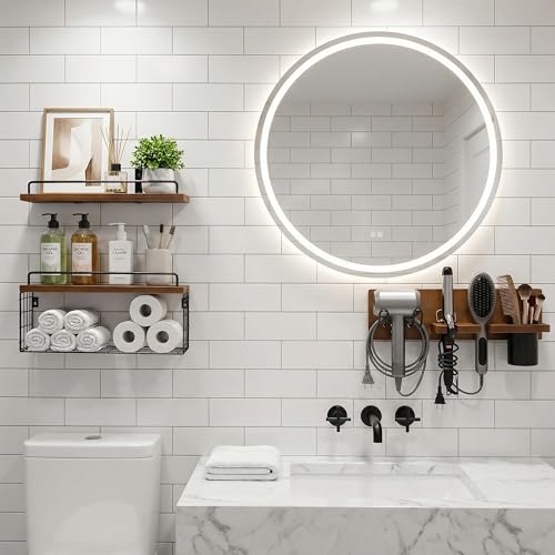3-Tier Bathroom Floating Shelves with Curling Iron Holder & Hair Tool Organizer, Wall Mounted Rustic Wood Storage Rack Over Toilet with Hair Dryer Holder for Bathroom Decor & Organization