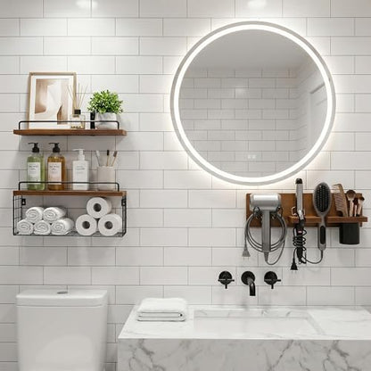 3-Tier Bathroom Floating Shelves with Curling Iron Holder & Hair Tool Organizer, Wall Mounted Rustic Wood Storage Rack Over Toilet with Hair Dryer Holder for Bathroom Decor & Organization