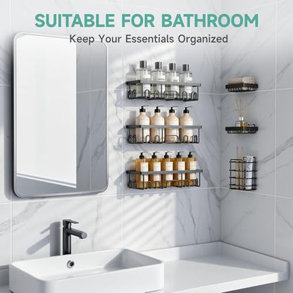 Veken Shower Caddy 6-Pack, Bathroom Organizers and Storage Shelves, Black | Advanced Rustproof Design, Large Capacity, No Drilling, Adhesive Rack with Soap Holder, Wall-Mounted Kitchen & Home Decor