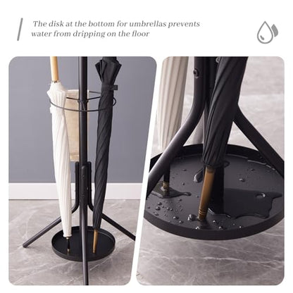 Coat Rack Freestanding,Metal Coat Tree with Umbrella Holder,Hat and Coat Rack Stand for Entryway, Hallway, Living Room, Bedroom (Black)