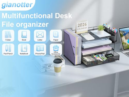 gianotter Desk Organizers and Accessories with File Holder, 4-Tier Desk Accessories & Workspace Organizers with Drawer and 2 Pen Holder, Paper Organizer for Office Supplies (Black)