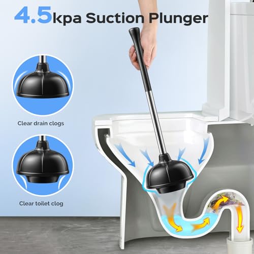 HAMITOR Toilet Plunger and Brush Set: 2 in 1 Stainless Steel Rustproof Combo with Deep Cleaning Curved Bristles - Heavy Duty Toilet Unclogging for Family Bathroom - Compact Apartment Accessories