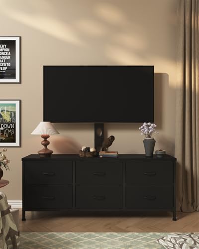 TV Stand with Mount, Fabric Dresser with 6 Drawers for 32/45/55/60/65/75 inch TVs, Black Dresser Entertainment Center, Modern Media TV Console Table
