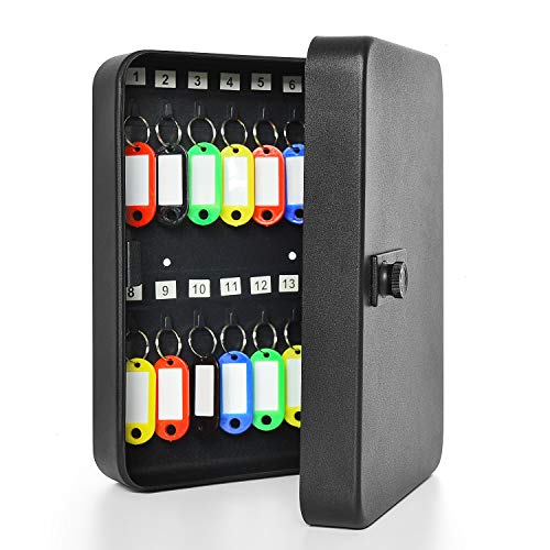 28 Key Cabinet Wall Mount, Steel Key Box Wall Mount with Code, Combination Lock Box with Code, Featuring Hooks and Tags