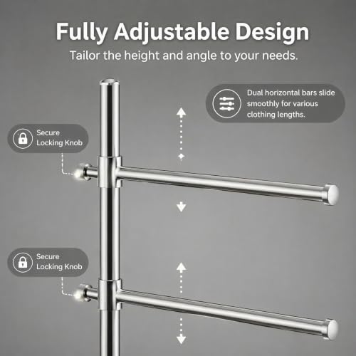 LOFIR Silver Stainless Steel Freestanding Pool Towel Rack | 2-bar stainless towel rack with tray & base storage for pool, hot tub, patio and bathroom towel drying use
