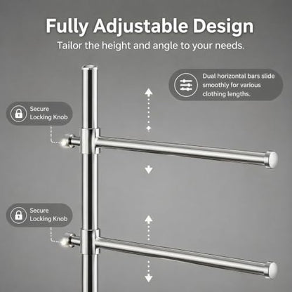 LOFIR Silver Stainless Steel Freestanding Pool Towel Rack | 2-bar stainless towel rack with tray & base storage for pool, hot tub, patio and bathroom towel drying use