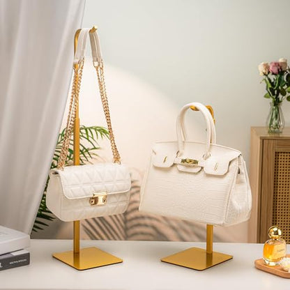 2 Pack Purse Holder Handbag Display Stand: Gold Hanger Rack for Bags, Purses, and Wreath, Adjustable Hook Stand for Tabletop, Closet, and Retail Use for Vendors