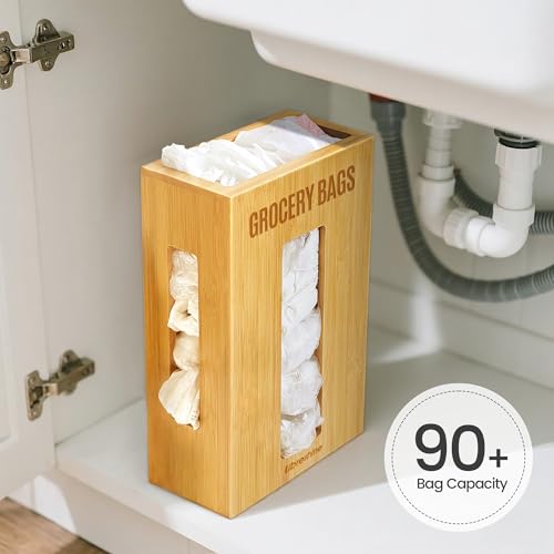 Extra Large Bamboo Grocery Bag Holder for Plastic Bags | Open-top plastic bag holder with front and side access for countertop, cabinet, or wall-mounted storage. 8 x 5 x 13 in.