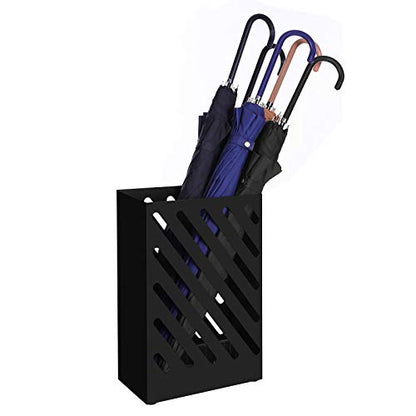 SONGMICS Metal Umbrella Stand, Rectangular Umbrella Holder Rack, with a Removable Drip Tray, 4 Hooks, Hollow-Out Design, for Entryway, Office, Black ULUC03BK