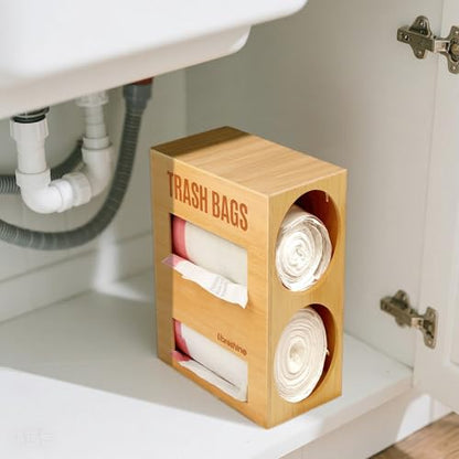 Dual Roll Bamboo Trash Bag Dispenser and Holder, Wall Mount | Fits standard 13-33 gallon rolls up to 5.2 in diameter. Measure bulk rolls before ordering